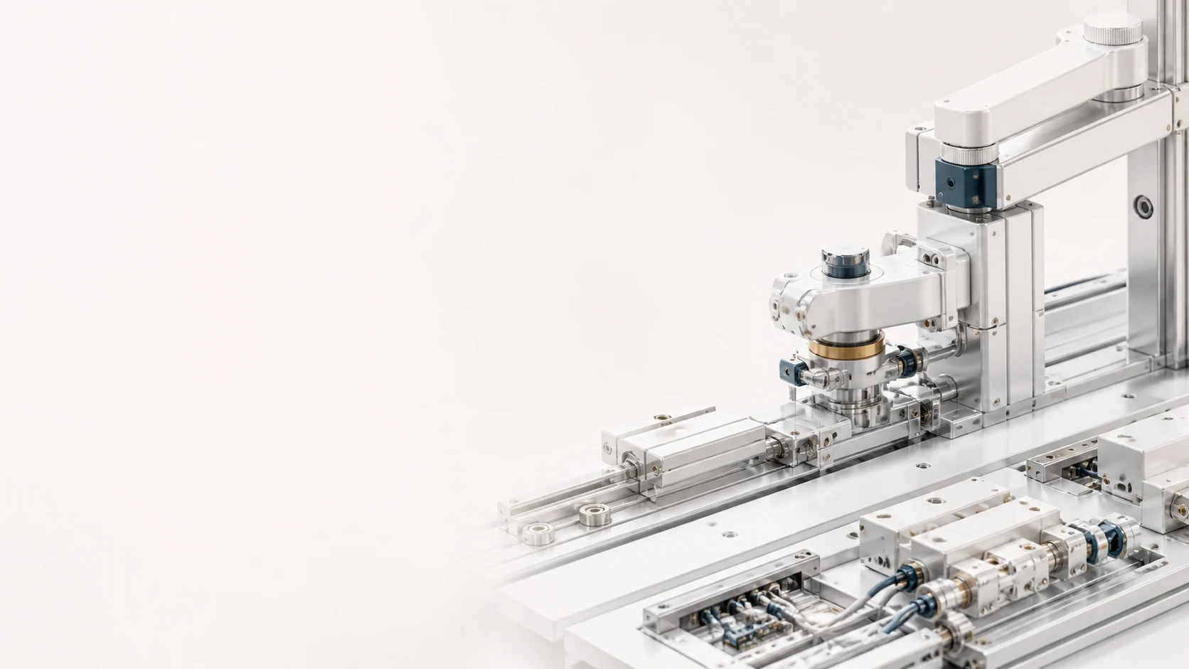 Precision automation system in warm white with restrained teal and gold engineering details