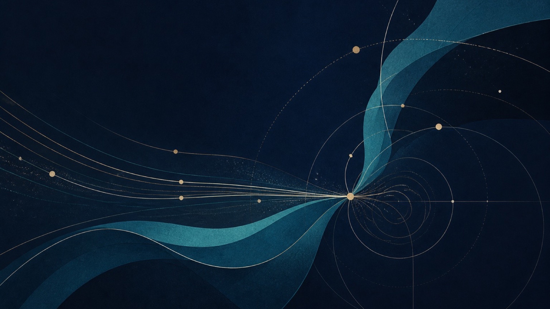 Abstract teal and gold pathways converging across a deep navy field